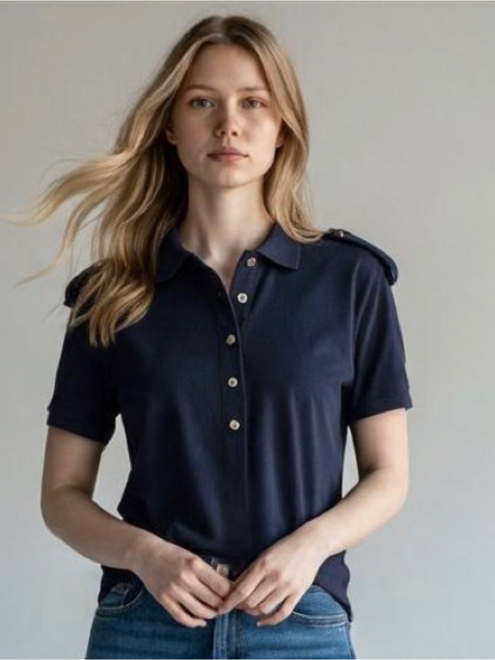 Lauren Ralph Lauren Navy Blue Military Inspired Ribbed Knit Polo Shirt Large